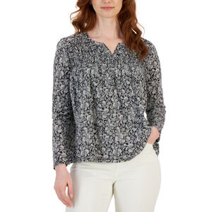 Style & Co. Small Petite Black & White Floral Smocked Long-Sleeve Top NWT